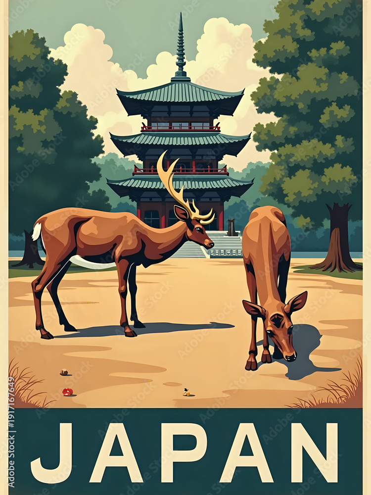 Two deer are in a park by a pagoda in Japan. One deer grazes while the other stands. Tall trees surround the scene under a clear sky. It is a sunny day with soft shadows on the ground.