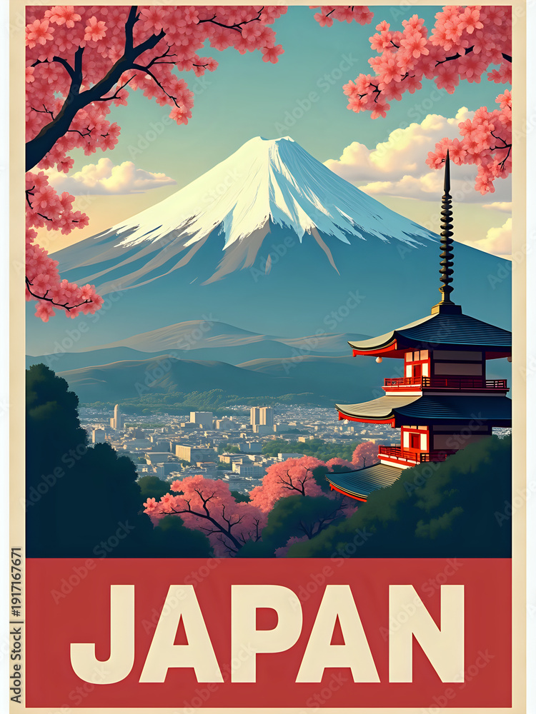 A view shows Mount Fuji rising in the background with a red pagoda in the foreground. Cherry blossom trees frame the scene, highlighting spring in Japan.