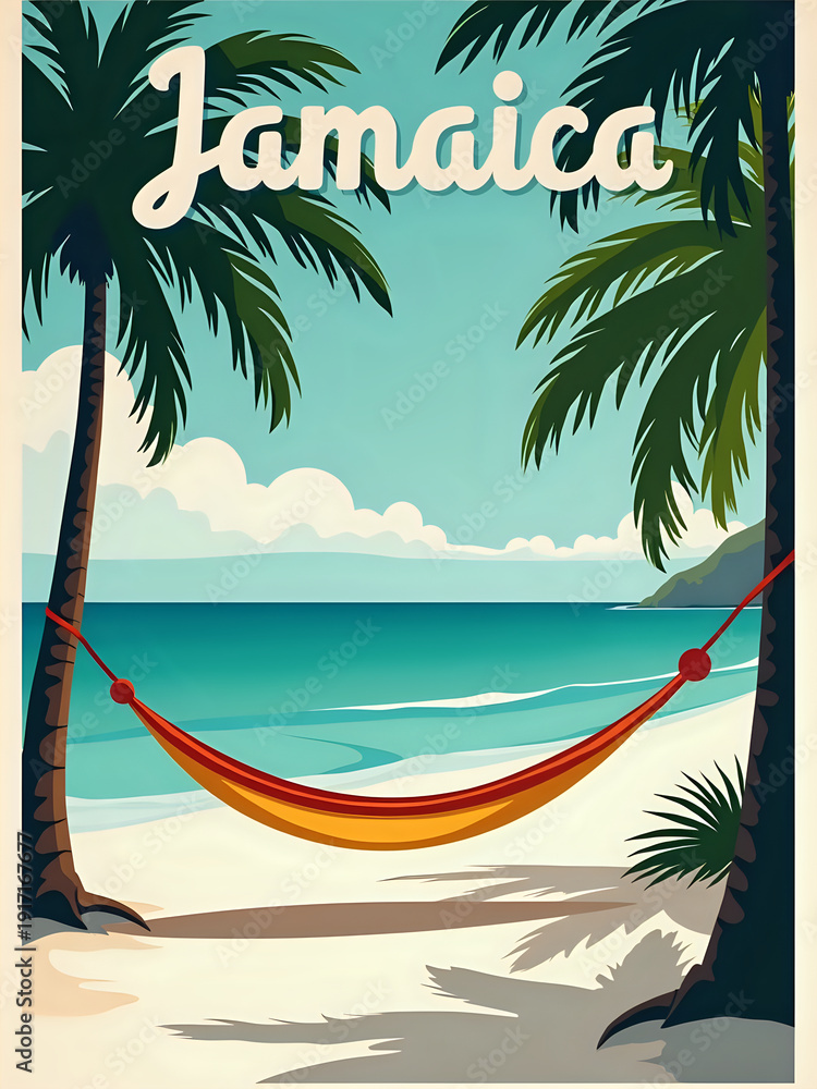 A hammock hangs between two palm trees by the beach. The ocean is in the background. Waves are gently rolling onto the sand. It looks sunny and warm with a clear sky.