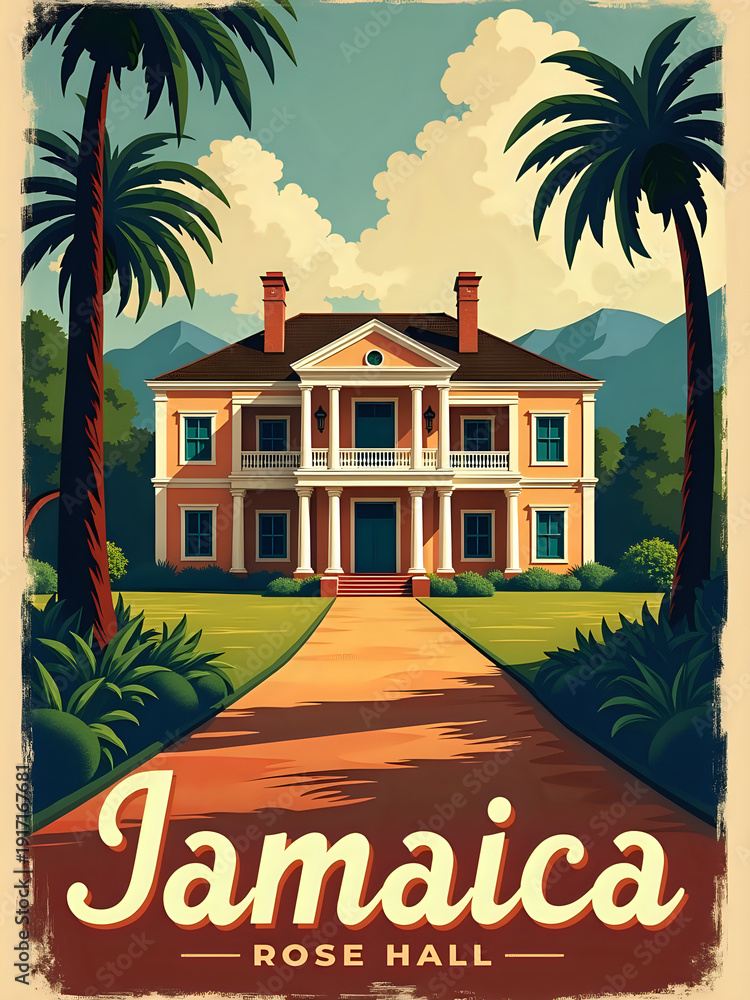 A large historic house stands at the end of a long path surrounded by green plants and tall palm trees. The mountains are visible in the background, and the sky has fluffy clouds.