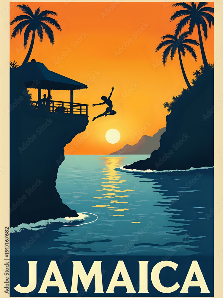A person jumps from a cliff into the water during sunset. Palm trees frame the scene, and the sun sets over the water. A building sits on the cliff, adding to the view.