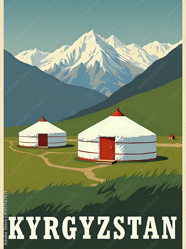 In Kyrgyzstan, two traditional yurts sit on green grass with a path leading through the landscape. Snow-capped mountains rise in the background under a clear blue sky.