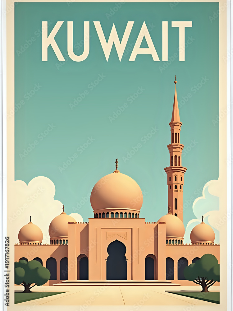 A historic mosque stands in Kuwait with a tall minaret and several large domes. The building is set against a clear blue sky with a few clouds. Trees are in the foreground.