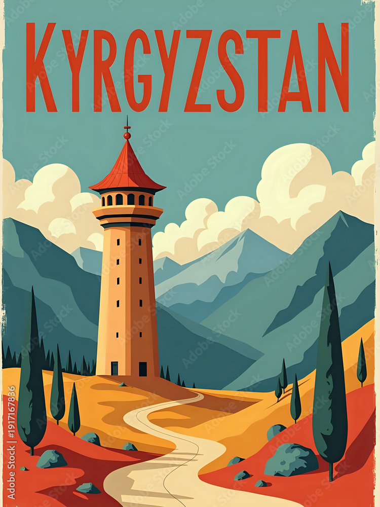 A tower stands tall in Kyrgyzstan. It is surrounded by mountains and trees. The land is a mix of colors. A path leads to the tower. The sky is bright with clouds.