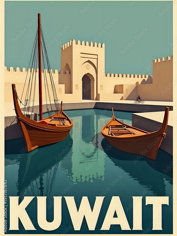 Two wooden boats float in clear water near a historic fort in Kuwait. The fort has a simple design and stands against a clear blue sky. The scene shows calm waters and a vibrant color palette.