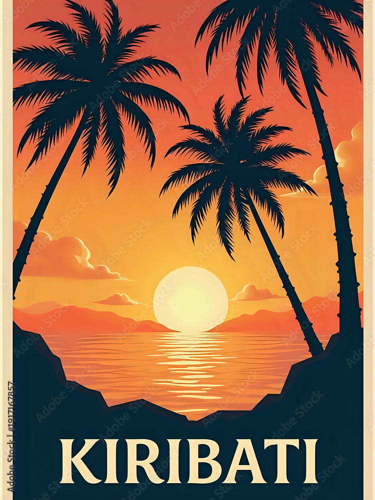 A sunset is visible over the ocean in Kiribati. Palm trees are silhouetted against the colorful sky. The sun sets behind distant mountains. Waves gently touch the shore at this tropical location.
