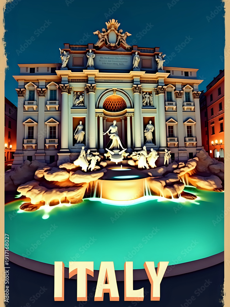 A large fountain in Italy shows detailed sculptures with water flowing from rocks. Lights shine on the fountain, creating a bright scene at night. People gather nearby, enjoying the view.