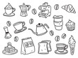 © Doodlerz - Hand drawn coffee shop sketch set featuring drinks, food, and barista tools, detailed line art collection ideal for café branding, menu design, packaging, and merchandise.