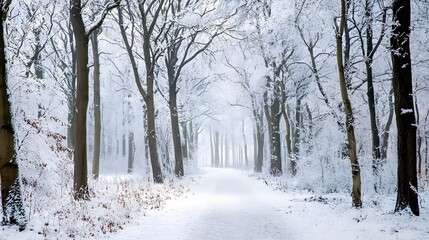  Snow-covered forest path in winter wonderland with frost-laden trees creating a serene and magical landscape.