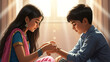 © Love - A young boy tying a sacred rakhi thread on his sister's wrist, symbolizing their bond, indoors with soft light.