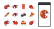 © Karjani Creative - Food Delivery and Menu App Design Concept with Sushi, Steak, Pizza Slice, and Grilled Chicken Vector Icons Set