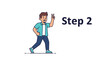 © PixelBiber - Young boy in a blue shirt walking and making a peace sign gesture next to the text STEP 2 against a white background.