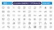 © artshuvo - Clean Energy Storage outline icons collection illustrating renewable power, photovoltaic panels, clean electricity, sustainability, eco technology, green energy systems. Editable stroke outline icon.