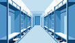 © Lumeo - Rows of blue bunk beds and shoe shelves create a stark, organized dormitory hallway
