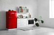 © Pixel-Shot - Interior of kitchen with red fridge, counter and shelf