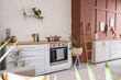© Pixel-Shot - Interior of stylish kitchen with white counters, houseplants and utensils