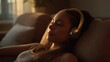 © siraphol - Young woman wearing headphones relaxing on sofa in warm evening light
