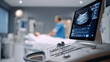 © dinatychynska - Modern ultrasound machine displaying scan image during medical examination. Hospital diagnostic room with patient and nurse. Showing advanced healthcare technology and professional medical monitoring.