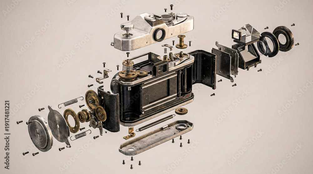 Exploded view of vintage mechanical film camera parts and gears の Stock ...