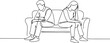 © Nargis - Single one line drawing sad unhappy husband and wife sitting on couch and keeping silence after quarrel at home. Problems in communication and fight. one line Icon drawing
