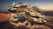 © ArtxPremium - Multiple desert camouflage tanks floating in a dusty, abstract environment with geometric overlays.