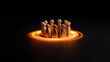 © Yuparet - Wooden figurines connected by glowing thread form circle symbolizing unity teamwork and community in creative and warm atmosphere on dark background