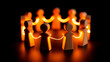 © Yuparet - Wooden figurines connected by glowing thread form circle symbolizing unity teamwork and warmth with soft orange light creating sense of togetherness and community