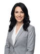 © LoveDe Studio - Professional business woman smiling confidently in a grey suit, isolated on a white background.