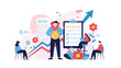 © Noman - Successful businessman with a gold medal stands beside a five star rating and survey results representing high performance.