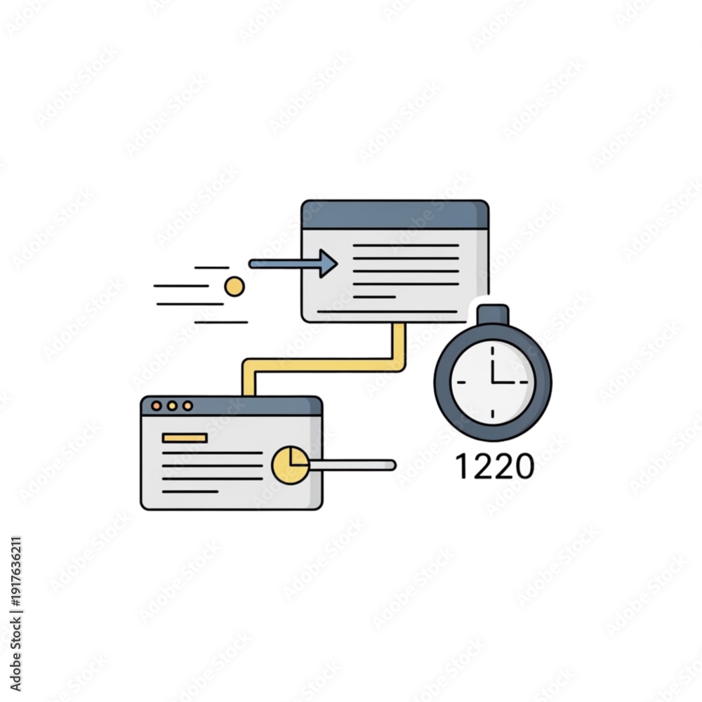 File transfer process depicted with browser windows, clock, and data ...
