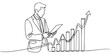 © Graphics Art - Businessman analyzing digital bar charts and growth trends, representing financial forecasting, KPI dashboards, and business performance analytics continuous one line drawing