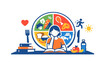 © typepng - A girl sits at a desk reading a book in front of a large plate showing different food groups. Icons for exercise, water, and fruit surround her in a flat vector style.