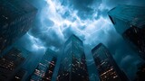 Stormy Skyscrapers: A dramatic cityscape where towering skyscrapers are silhouetted against a backdrop of a tumultuous, electrifying storm.