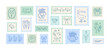 © Anna Bova - Hand drawn coquette Spring summer postage stamps in whimsical lines. Floral cute vector stickers.  Flowers, watering can, goose, bow, teapot, bouquet blossom flowers, blue and green pastel colors.