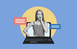 © Prostock-studio - A collection shows a woman looking surprised while standing in front of a laptop. Two message bubbles appear on the screen. The background is simple with a light blue and yellow design.
