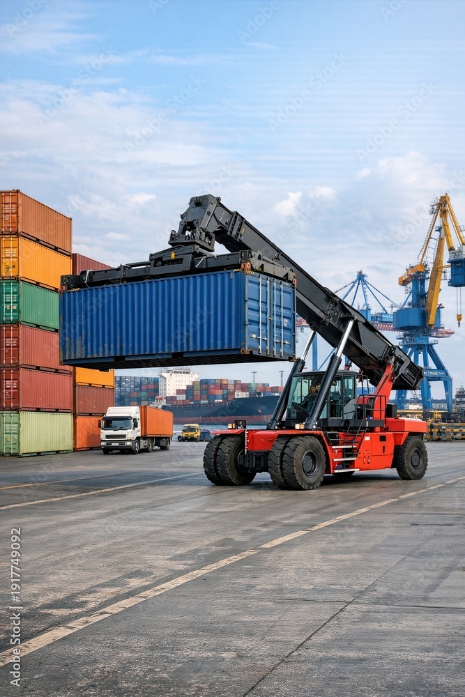 Heavy-duty forklift lifting blue shipping container at cargo terminal ...