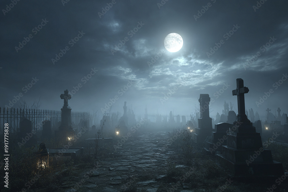 Abandoned cemetery at night with heavy fog and full moon shining over ...