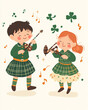 © Valiantsina - Minimal top-down scene with children playing Irish instruments and dancing. Traditional patterns on clothes, and pastel colors emphasize safe and positive style