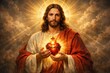 © Ksu_Sha - Sacred Heart of Jesus glowing in divine light, spiritual painting with golden rays and compassionate gaze