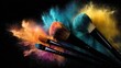 © isha - Cosmetic brushes with colorful powder explosion on a black background