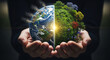 © Tri - Future of Earth Human hands cradle a divided globe, half green nature and half pollution, emphasizing environmental choice and global sustainability
