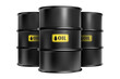 © Das - Three realistic black oil barrels with yellow labels stacked, industrial energy source isolated on transparent background, png