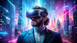 © Design one - Man with VR headset immersed in futuristic neon city, experiencing virtual reality