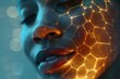 © Olga Ко - Conceptual macro portrait of a woman with a glowing golden hexagonal mesh on her face representing collagen structure, skin repair and cellular regeneration technology