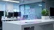 © Yuliia - Modern office workspace with holographic digital network display floating above laptop computer showing connected data points and technology integration.