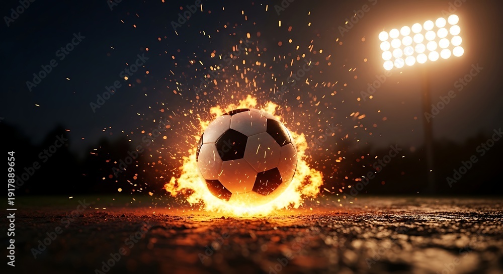 Soccer Ball Exploding Soccer ball exploding in flames on a dark football field under stadium ...