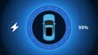 © kh - Digital of a blue car with a circular battery gauge showing 99 percent charge top-down view