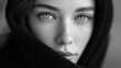 © Denis Yevtekhov - Woman face with deep eyes portrait, black and white photo session in Arabic style, monochrome deep strong eyes, intense feminine gaze, artistic portrait display, defocused background, with copy