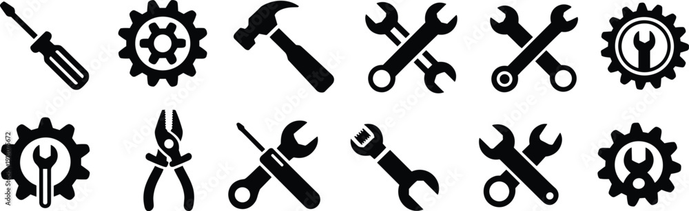 Black tool icons, screwdriver, hammer, wrench, pliers, gear ...
