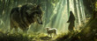 © petrrgoskov - Symbolic forest scene with a wolf facing a lamb as a spiritual shepherd watches nearby. Allegory of faith, protection, danger and moral choice expressed through nature and light.